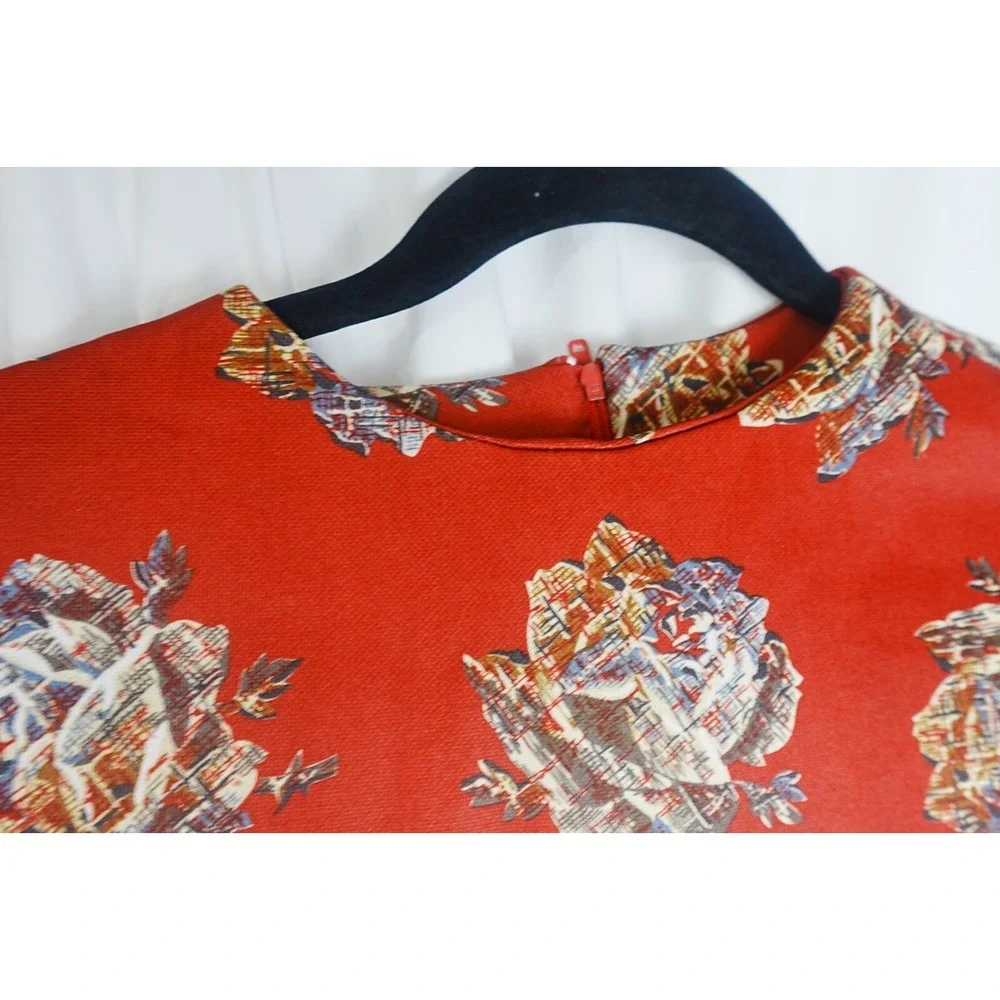 Vintage Womens Boho Blouse Red Top Sz Sm Floral Polyester Short Sleeve‎ Zipper